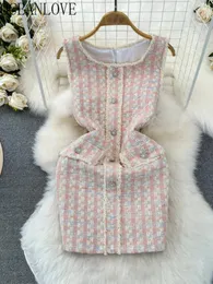 Casual Kleider OCEANLOVE Tweed Frauen Frühling Sommer Koreanische Mode Vestidos Mujer Plaid Elegante Kontrast Farbe Ärmelloses Mini Kleid