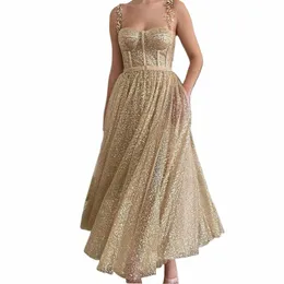 Booma Gold Glitter Tulle Prom Dres Cinghie di perline Lunghezza tè Abiti da ballo Tasche A-Line Corto formale Party Dres Plus Size d9Jd #
