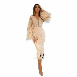 Yipeisha Champagne pizzo da sera Dr maniche a pipistrello scollo a V Illusi applique piume lunghezza tè formale Ocn Dres T8VU #