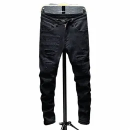 Рваные джинсы Мужчины Зима Slim Skinny Fit Balck Stretch Хип-хоп Джинсовые брюки Лоскутные мужские брюки Fi Streetwear i2he #