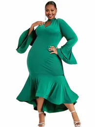 Aomei Irregular Party Dres Plus Size Green Cut Out Lg Flare Sleeve Satin Bodyc Mermaid Evening Event Vestidos para mulheres 2024 o3lc #