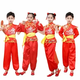 Traje de desempenho do dia do ano Dança de arrasto Dança folclórica chinesa Yangge Traje de dança infantil Wushu Traje de desempenho I1sn #