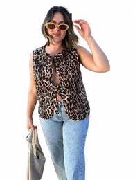 blingblingee Y2K Bow Lace-Up Leopard Print Women Sleevel Jacket Traf 2024 Summer V Neck Slim Vest femminile Crop Top Cardigan a4Av #