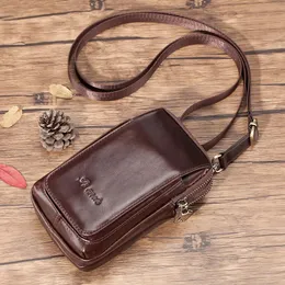 Cowhide Mens Single Shoulder Bag Casual Belt Bag Vintage Leather Mobile Phone Packet Genuine Leather Belt Pack Small Square Bag 240328