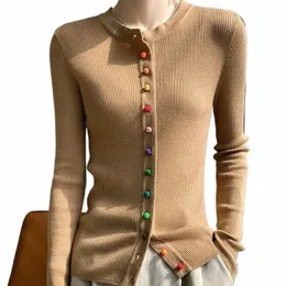 women's 100% Merino Wool Sweater Round Collar Colorful Buckles Slim Fit Cardigan Autumn Winter Warm Jacket Casual Knit Basic Top l0jo#