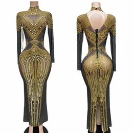 scintillante Gold Rhinestes Dr Mesh maniche Evening Party Dres compleanno festeggiare Outfit Women Stage Dance Costumes XS5736 r2xF #