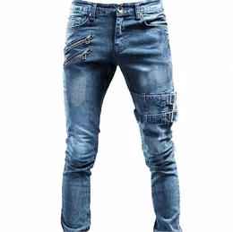 Zipper Decorati Slim Fit Biker Dżinsy Mężczyźni Mężczyzny Katał Elastyczne Zerwane chude dżinsy Wysokiej jakości Hip Hop Black Oversize Denim Spods Z4ww#