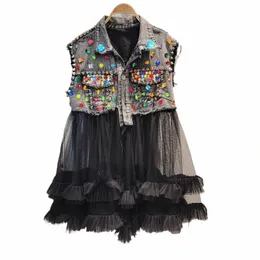 donne Arcobaleno Colore Diamds Perline Mesh Ruffles Splice Giacca di jeans Multistrato Maglia Rhineste Denim Gilet Cardigan Canotte 75S3 #