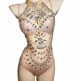 Brilhando Diamds Nude Mesh Ver Através Bodysuits Stretch Sleevel Halter Leotard Nightclub Singer Dancer Show Stage Wear k6fU #