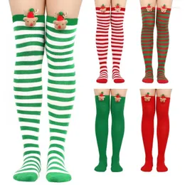 Kvinnors strumpor jul över knä lång tecknad 3D älg bowknot randig tryck lår höga strumpor semesterfest strumpor