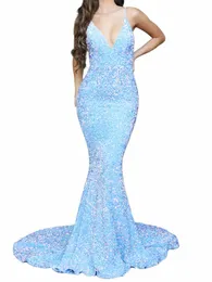 Sexy azul backl deslizamento lantejoulas sereia vestido de casamento v pescoço sleevel veet acolchoado estiramento baile noite lg dr mulheres 23m5 #