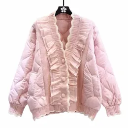 Winter Damen V-Ausschnitt Spitzenpullover Patchwork Rosa Cott Mantel B1a6 #