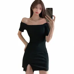 여성 단색 사각형 칼라 분할 슬림 한 캐주얼 짧은 슬리브 드레 35GU#