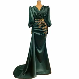 Bridalaffair Green Satin Evening Dres Dubai Arabic Formal Prom Party con maniche Gold Lace LG 2022 Celebrity Dr L23H#