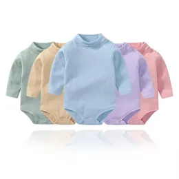 born Baby Clothes 0 To 24 Months Boys Grils High Collar Long Sleeve Cotton Pure Color OnePiece Fart Wrap Crawling BodySuit 240327