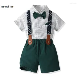 Giyim setleri üst ve yaz çocukları erkekler beyefendi kısa kollu bowtie gömlekler süspansörler şort toddler elbise takım elbise