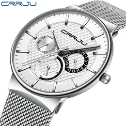 Mens Watches Crrju Top Brand Luxury Waterproof Ultra Thin Date Clock Male Steel Steal Casual Quartz Watch White Sport Wristwatch L276J