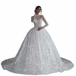 luxury Glitter High Neck Beaning Sequined Full Sleeve Tulle Princ Wedding Dr 2024 Court Train Bridal Gown Vestido De Noiva A0Iw#