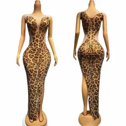 Leopard Rhinestes Evening Dres Sexy Mesh Stretch Party Dr Women Birthday Celebrate Outfit Stage Festival Costume BWQ F2HP#