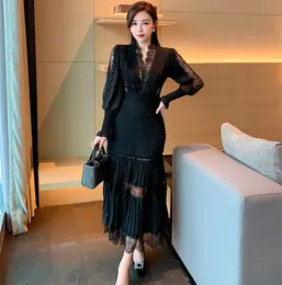 JSXDHK Fashion Runway Women Pleated Party Dress Spring Sexy V Neck Lantern Sleeve Chiffon Patchwork Lace Bodycon Slim Long 240318