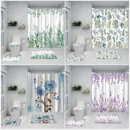 Tende da doccia Set di tende floreali Fiori ad acquerello Farfalla Pianta verde Foglie Decorazioni per il bagno di casa moderna Tappetini da bagno Copri coperchio del WC