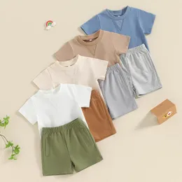 Kläderuppsättningar Småbarn pojkar sommarkläder omvänd söm v-form mönster kort hylsa t-shirts toppar elastiska midjeshorts 2st kläder set