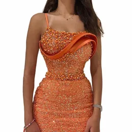 Serene Hill 2024 Elegance Arabic Orange Mermaid One Shoulder Luxury Dubai Evening Gown for Women's Wedding Party LA72358 G5Q8#