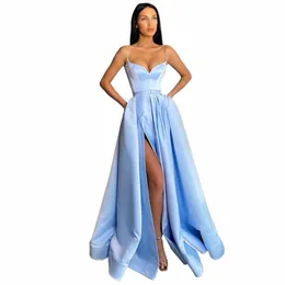 jeheth Blue Sexy Sweetheart Satin Party Dr Spaghetti Strap High Split A Line Prom Evening Gown Lg com cinto vestidos de gal n8Iq #