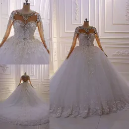 Abiti da sposa vintage a maniche lunghe con maniche lunghe Dubai Abiti da sposa girocollo trasparenti Applicazioni di pizzo Abiti con perline Vestios De Novia Abiti da sposa con bottoni