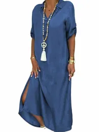 spring New Women's Denim Dr Light Fi Elegant Robe V-neck Solid Short Sleeve Split Style Vintage Lg Dr c3M4#