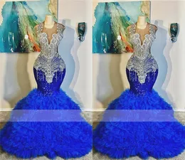 Azul real vestidos de baile para meninas negras 2024 diamantes cristais babados sereia vestido de noite longo vestido de festa de lantejoulas africanas