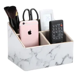 2024 Multi-Functional 3 Compartments Wooden Storage Box Gold Edge Marble Faux Leather Desk Organizer Remote Controllers Holder Case