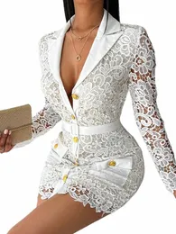 Mulheres Elegantes Dr Offices Hollow Out Pocket Design Butt Lace Shirt Dres Feminino Lace Vestidos Lady Patry Roupas Brancas x4nw #