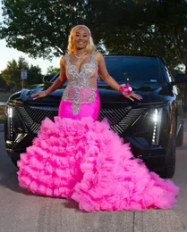 Hot Pink Mermaid Dresses Beading Crystal Graduation Dress 2024 Ruffles Tier Beaded Prom Gowns Custom Made 415