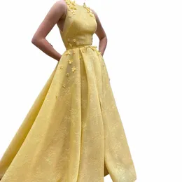 Sevintage Baby Yellow 3D FRS Tiulle Prom Dres O-Neck Tleevel Plat-Ruched A-Line Evening Suknie Weddne przyjęcie Dr S7ej#