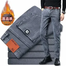 2023 Autumn and Winter New Classic Fi Solid Color Plus Fleece Jeans Men's Casual Loose Comfortable Warm Large Size Pants f1xU#