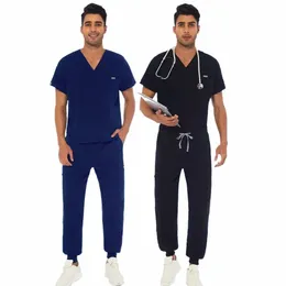 Män Pocket Nursing Uniform Nurse Short Sleeve V-ringskrubben Toppar Doktor Working Clothes Medical Scrub Pants Uniforms Blusuppsättningar N1JA#