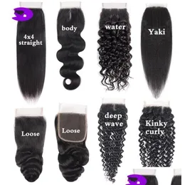 Hair Wefts Brazilian Virgin Human Weave Closures Body Wave Loose Deep Straight Kinky Natural Black 4X4 Lace Drop Delivery Products Ext Otbde