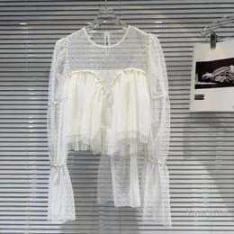 Damenblusen Weiße Mesh-Bluse für Frauen 2024 Frühling und Sommer klassischer Stil Perlenperlen Temperament Dot Chiffon Shirt Tops