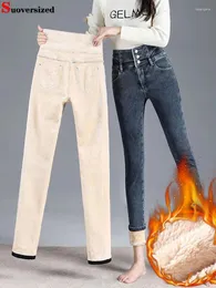 Jeans da donna a matita addensata Pantaloni in denim foderati in peluche skinny Jeans invernali elasticizzati Vaqueros caldi con bottoni a vita alta Spodnie