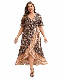 żeńskie dres dla kobiet plus size 2024 Summer V Neck krótki rękaw retro kwiatowy nadruk lg dr curvy rozmiar Dres n7o2#