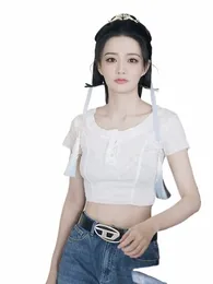 Белая женская футболка с коротким рукавом в том же стиле от Xu Lu Mingxing. Летняя тонкая женская рубашка 2023 года. Новая короткая трикотажная рубашка с топом с открытым пупком j9aw#
