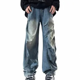 2023 Cyber Y2K Fi Wed Blue Pleated Baggy Jeans Pants Men Designer Clothes Straight Wide Leg Denim Trousers Ropa Hombre V6zr#