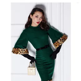 Casual Dresses Winter Women Vintage 50s Flare Sleeve Pencil Dress in Green With Leopard Wiggle Wool Jurken Plus Size Size Elegant Vestidos Pinup