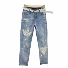 Heart Lace Cut Out Jeans Womens 2022 Spring Summer Elastic Slim Hot Drill Pencil Pants Ladies Street Denim Byxor kvinnliga byxor C6V5#