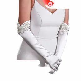 MZC08 1 Par Wedding Bride Gloves Pearls Pärlade täcker Arms White LG Satin Elegant Women Bachelorette Party Accores Finger 62QE#