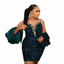 Asoebi Short Prom Dres Hunter Green Pailletten Afrikanische Frauen Mini Dr Party Kleider Lg Ärmel Schwarz Mädchen Formale Prom Dr o6ma #