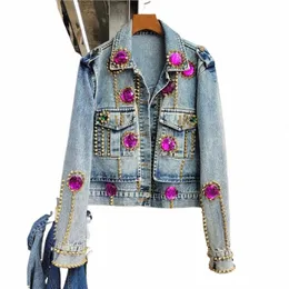 donne di lusso Diamds breve denim bomber cappotto rivetto in rilievo giacca di jeans Rhinestes cardigan bavero Lg manica streetwear Top 61sr #