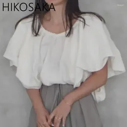 여성용 블라우스 주름 슬래시 목 단색 흰색 셔츠 일본 구름 숄더 블라우스 여름 2024 우아한 올 매치 블루사 Mujer Moda