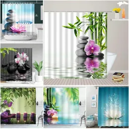 Shower Curtains Zen Green Bamboo Purple Flower Stone Reflection Water Landscape Spa Garden Bathroom Accessories Bath Curtain Set